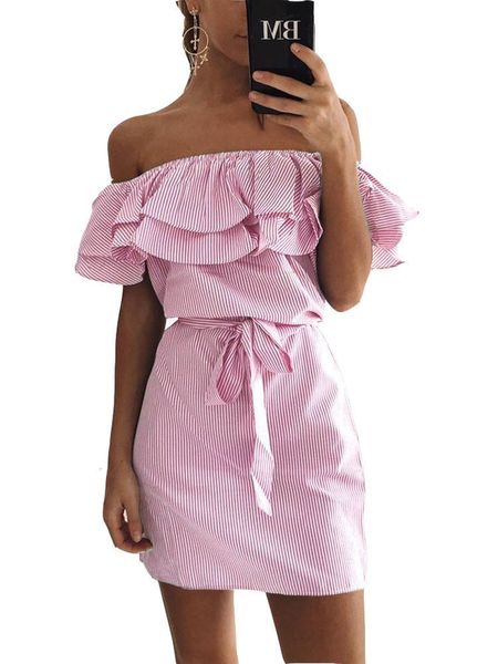 

basic casual dresses mini party dresses off shoulder sundress women summer beach casual shirt short drawstring strapless striped ruffles dre, Black;gray