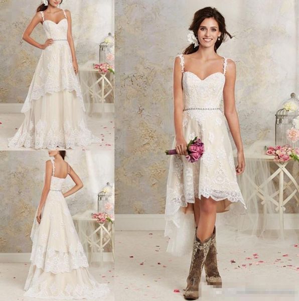 

short two pieces wedding dresses spaghetti lace a line bridal gowns with hilo short detachable skirt country bohemian wedding gow8267367, White