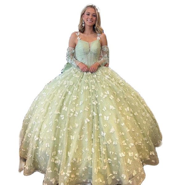 

charming butterfly quinceanera dresses detachable sleeve sweet 15 prom gown glitter ball gown vestidos de 16 anos, Blue;red