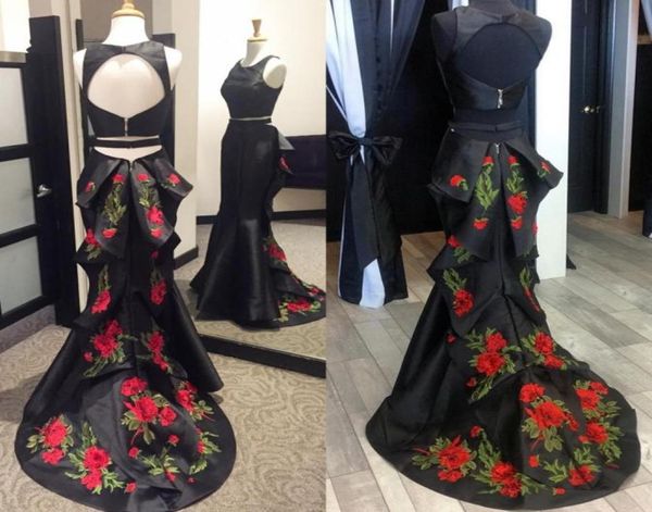 

two piece black mermaid prom dresses scoop sleeveless embroidered satin backless long party dresses graduation homecoming dresses1562315