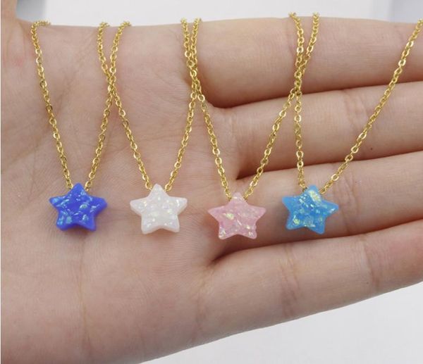

10mm opal star necklace pendants stainless steel gold color chain opal stone women necklace 45cm5cm 5piecelot9164736, Silver