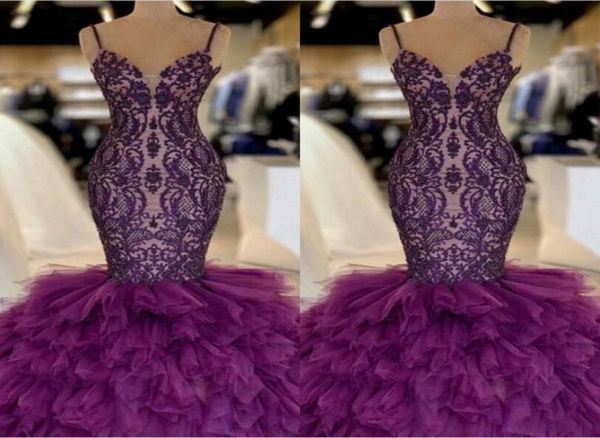 

purple mermaid prom dresses with spaghetti straps tiered skirt tulle and lace celebrity evening dress floor length 2k19 party4148786, Black