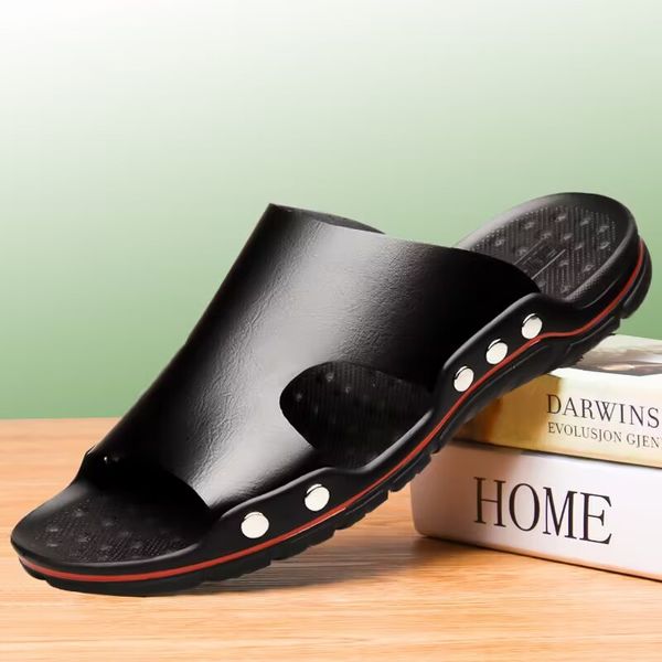 

2023 men's leather slippers summer fashion casual slippers outdoor comfortable non-slip personality leisure a variety of colors, Black