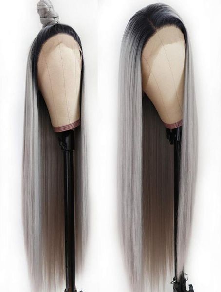 

natural long silky straight grey color brazilian lace front wig 180 full density heat resistant glueless synthetic wigs fashion o3742570, Black
