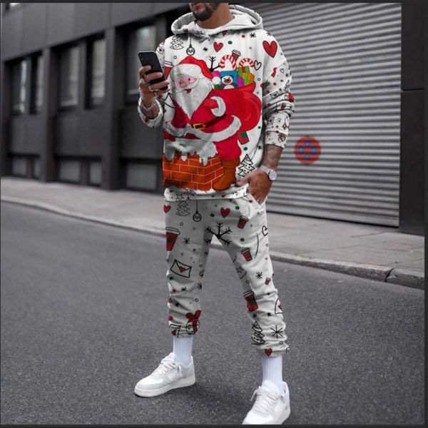 

2023 merry christmas leisure sports 3d digital printing men's hoodie pant set printed men fashion, Gray