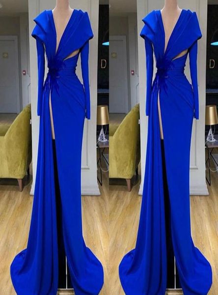 

2020 arabic african royal blue evening dresses deep v neck satin high side split prom dress ruffles long sleeve vestidos de novia 8289140, Black;red