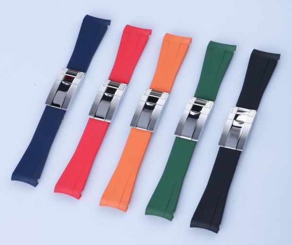 

20mm curved end watch band and silver polished clasp silicone black navy green orange red rubber watchband for rol strap sub gmt d2560612, Black;brown