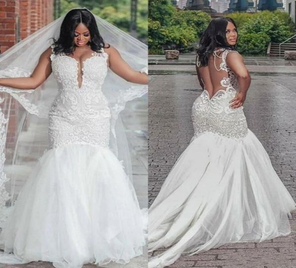 

fabulous lace african mermaid wedding dresses plus size backless court train tulle applique bride gowns7801537, White