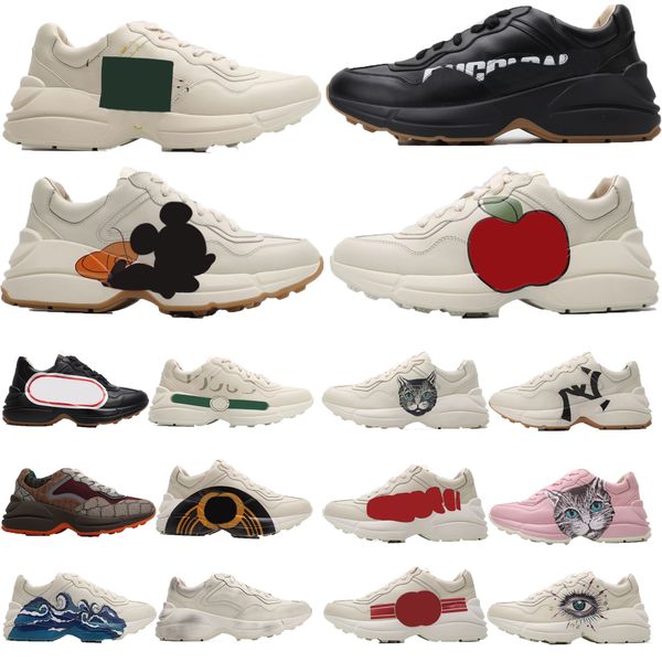 

designer luxury rhyton leather sneakers beige casual shoe sneaker runner trainers dress shoes embroidery printing canvas leather printed wit, Black