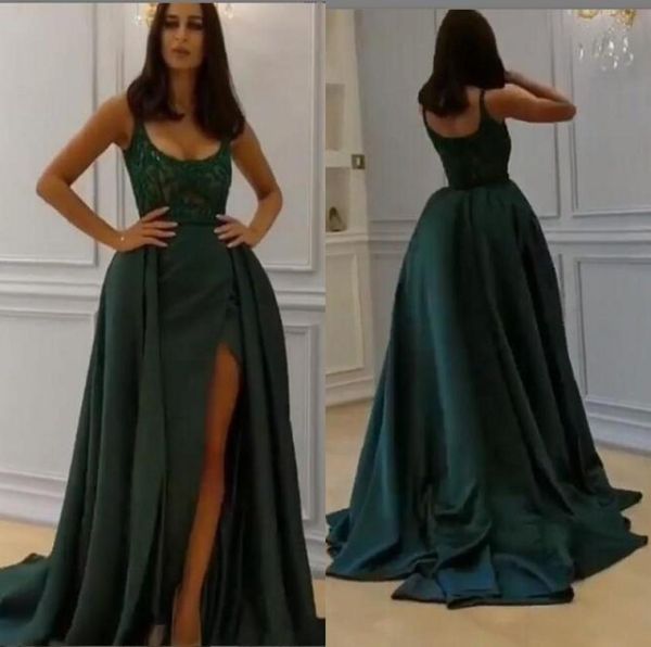 

2019 dark green scoop neck evening dresses sequins lace side split overskirts formal occasion party prom dresses dubai arabic5734877, Black;red
