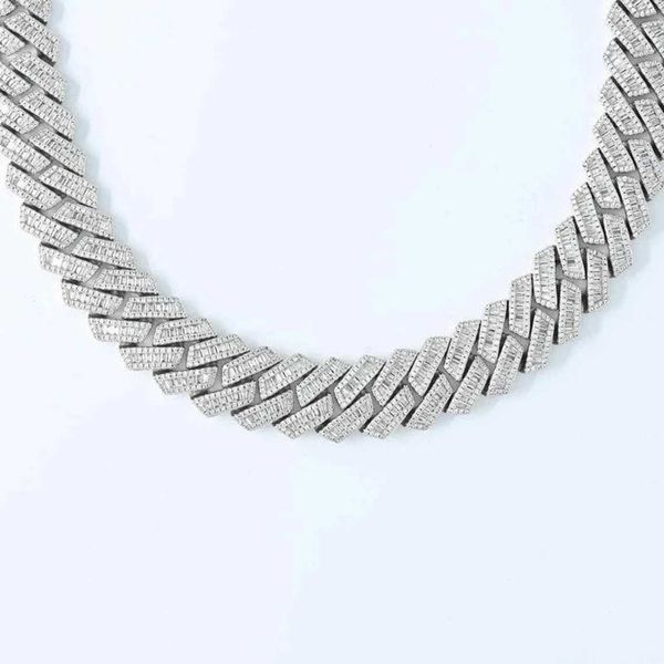 

19mm ice out vvs diamond baguette prong cuban link chain in 925 silver hip hop necklace for men