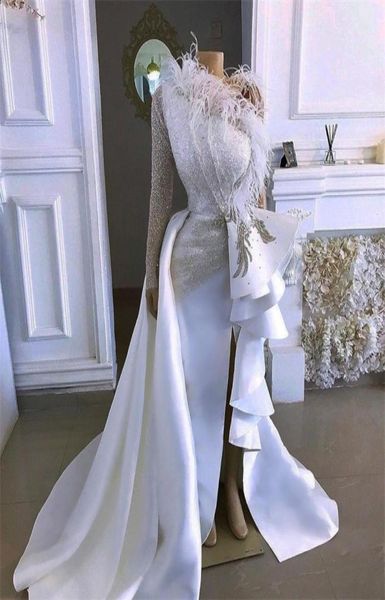 

new arabic sparkly evening dresses one shoulder crystals feather prom dresses sheath long sleeves formal party second recepti9760348, Black;red