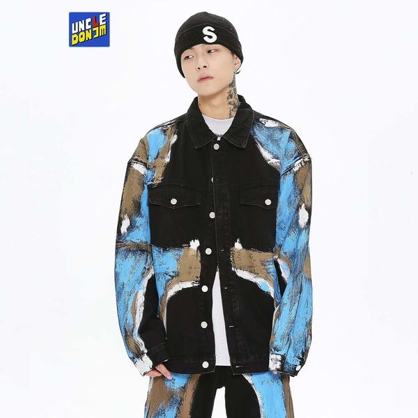 

men's tracksuits painted denim suit y2k clothes hip hop jean jacket man two piece set street wear for men drop 230630, Gray