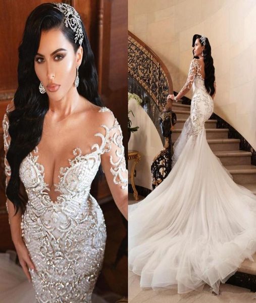 

luxury arabic mermaid wedding dresses dubai spark crystals long sleeves sheer bridal gowns court train tulle skirt wedding dre5023895, White