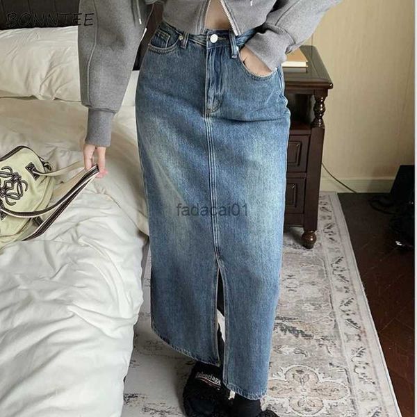 

denim skirts women frontslit design summer slim femme vintage chic pockets mujer popular empire harajuku washed street style l230621, Black