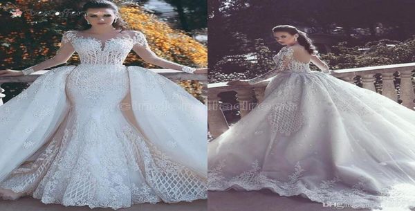 

2022 new mermaid lace wedding dresses with detachable train sheer neck long sleeves beaded overskirt dubai arabic bridal gowns ba78071721, White