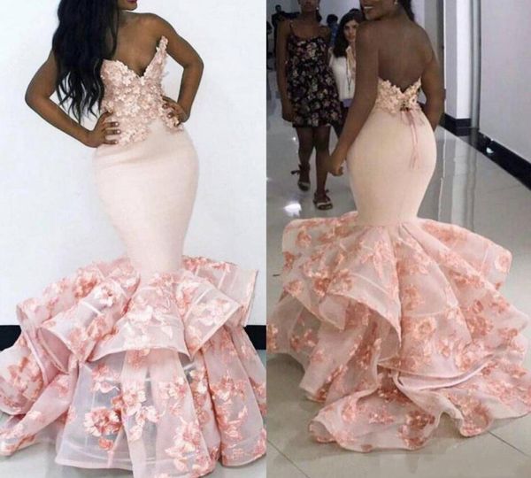 

african mermaid evening dresses 2019 pink sweetheart backless event prom gowns floral appliques tiered sweeptrain formal part6481798, Black;red