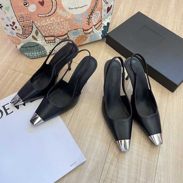 

7cm 9cm designer women sandal square metal toe black leather pumps stiletto heels slingbacks lady wedding metal toe high heel slides party d