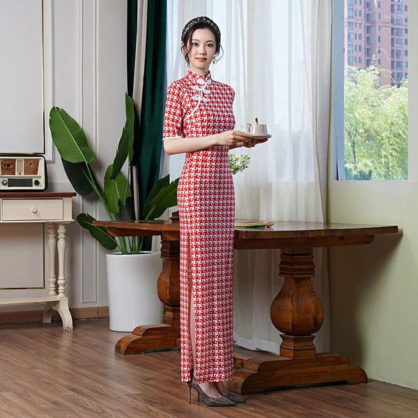 

ethnic clothing women red autumn elegant cheongsam chinese style vintage dress female slim long qipao half sleeve s to 5xl