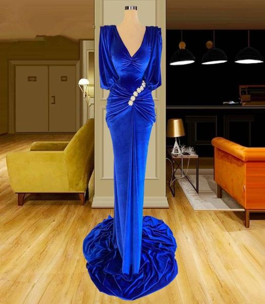

2021 royal blue sheath velvet evening dresses half sleeves modest v neck formal long prom gowns ruffle mother of the groom dress p8547441, Black;red