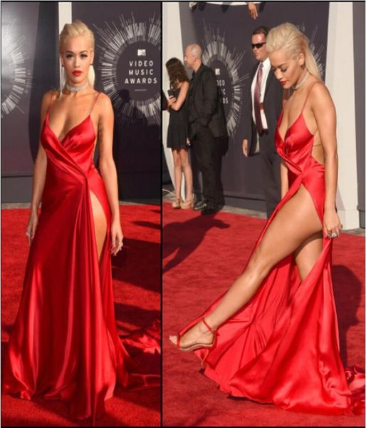 

backless high thigh split new fashion rita ora red carpet dresses 2019 vneck spaghetti strap celebrity evening dresses4983947, Black;red