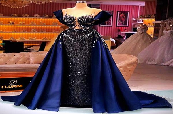

2021 plus size arabic aso ebi navy blue luxurious prom dresses beaded crystals sheer neck evening formal party second reception go4218350, Black