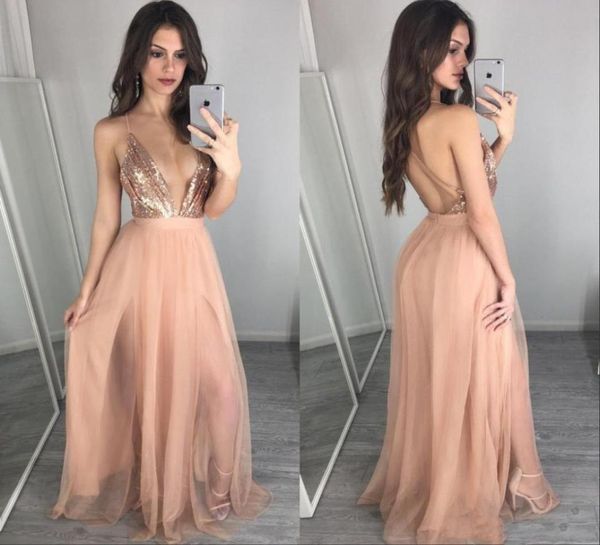 

rose gold sequins evening dresses deep v neck backless bridesmaid dress vestidos prom party gowns7616423, Black;red