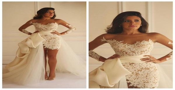 

2017 chic ivory sheath wedding dresses yasmine yeya sheer illusion long sleeve bridal gowns with detachable train bridal dress sho9435955, White