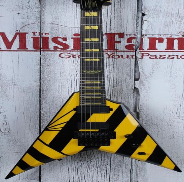 

custom shop parallaxe v2fr michael sweet usa flying v black yellow stripe electric guitar floyd rose tremolo tailpiece yellow inl7069730