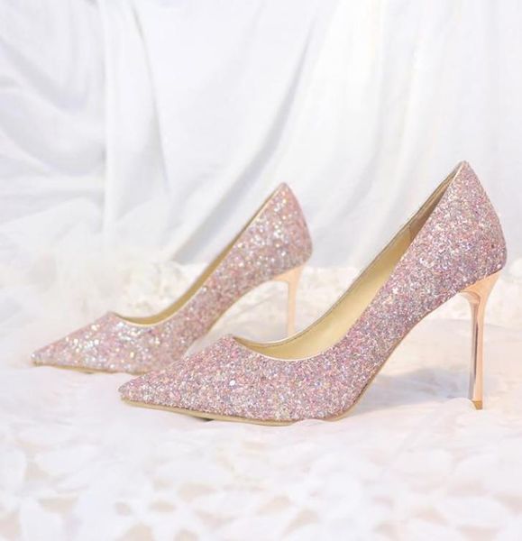 

sparkly champagne sequined wedding shoes for bride stiletto heel prom banquet high heels plus size pointed toe shallow bridal shoe4629562, Black