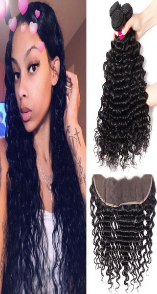 

13x4 lace frontal closure with 3 bundles brazilian deep wave hair with lace frontal closure ear to ear brazilian peruvian malaysia5388769, Black;brown