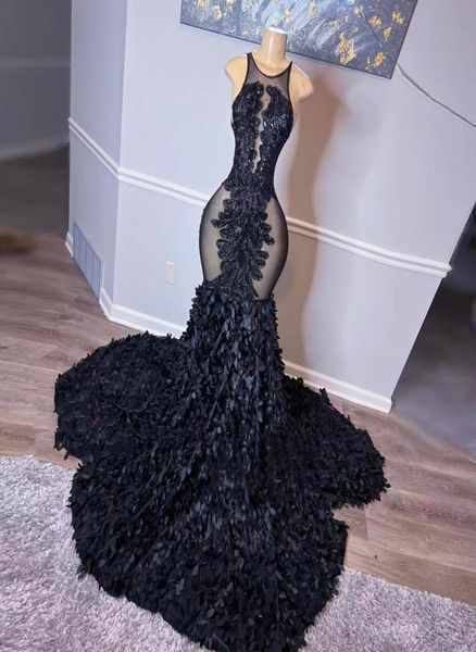 

black mermaid prom dress for african girl 2022 beading sequined sleeveless appliques party evening dress illusion graduation 1698321
