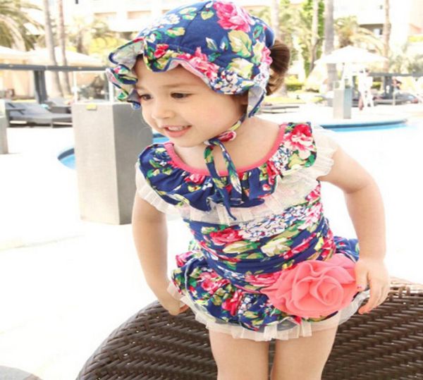 

2018 new kids onepiece bathing suit with a big flowers children swimwear korean sweet style printing girls bikini swimsuit 28428018, Blue