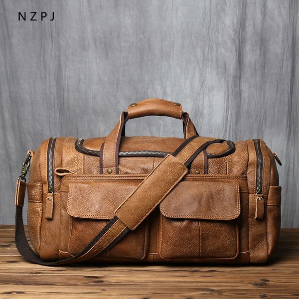 

evening bags nzpj retro men s hand luggage bag leather travel layer cowhide large capacity one shoulder messenger casual lap230629
