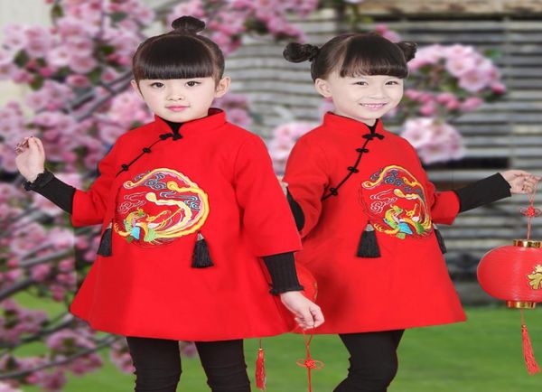 

2018 new year clothes chinese style girls embroidered cheongsam dress autumn winter children clothing baby girls clothes thick kid7275079, Red;yellow