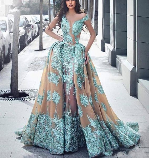 

2019 haute couture overskirt mermaid evening dresses with detachable train illusion neckline lace appliques long prom dress robe d4835142, Black;red