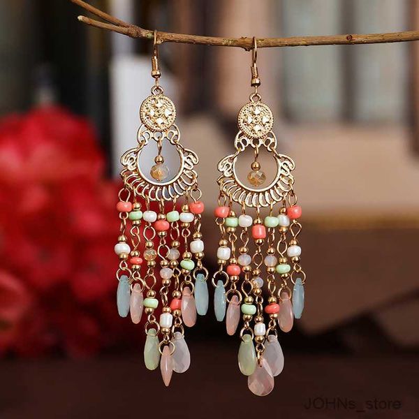 

stud long crystal earrings for women fashion colorful hollow rice beads geometric drop earrings femme party jewelry r230630, Golden;silver
