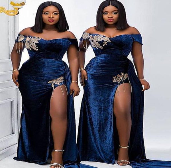 

2021 plus size arabic aso ebi royal blue velvet prom dresses crystals high split evening formal party second reception brides2426731, Black