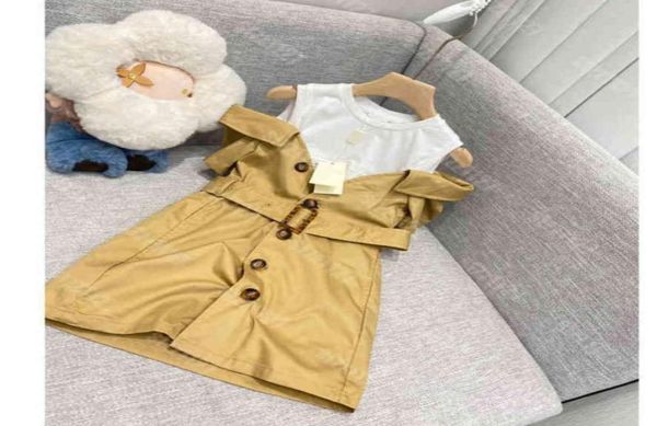 

22ss summer girls off shoulder fake two piece dress shirt sleeveless shirt skirt 5a designer kids embroidered logo skirts girl bu1299370, Red;yellow