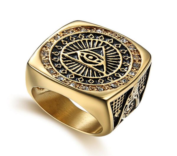 

new unique special design men stainless steel mason rings masonic signet all seeing eye ring ag emblem jewelry items with crys7910533, Golden;silver