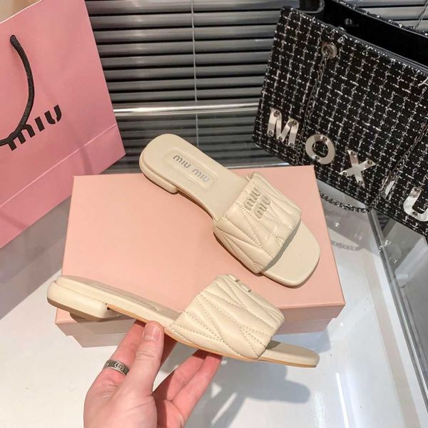 

sheepskin designer mius slide beach sandals shoes women pleated square slippers for women's summer new fashion flat bottom outwear casu