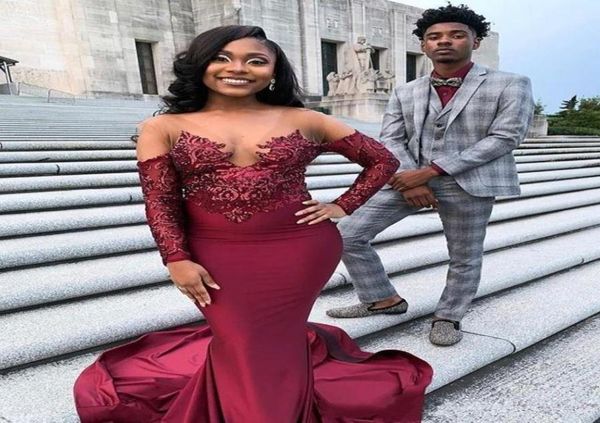 

african black girls burgundy mermaid prom dresses 2020 lace appliques backless women long sleeves evening party gowns9589136