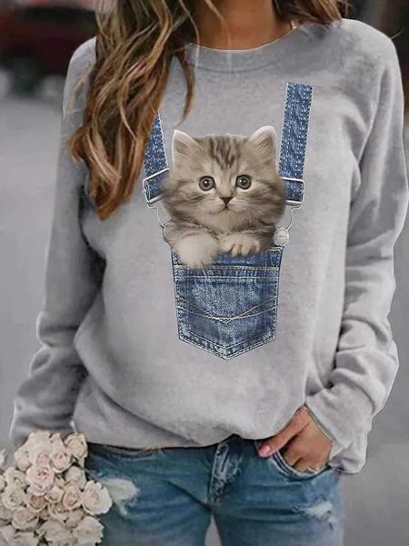 

2023 new round neck long sleeve pullover casual print plush sweater, Black