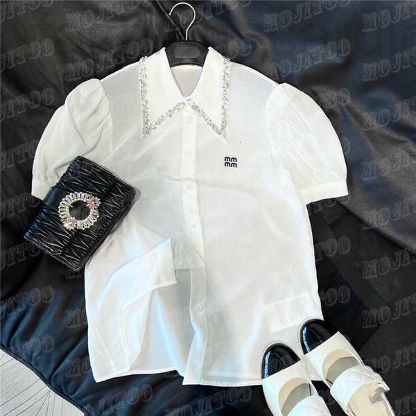 

women's plus size t-shirt designer luxury women shirts puff sleeve t shirt vintage style rhinestone collar tees designer womens clothi, Black