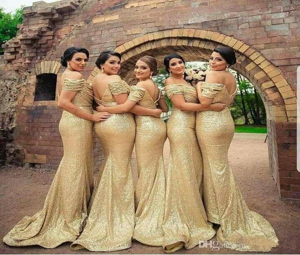 

2020 new gold sequined bridesmaid dresses off shoulder pleats mermaid long maid of honor dress wedding guest party gowns plus size9453597, White;pink
