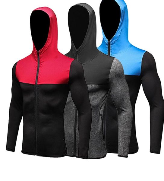 

cap hoodie soccer jersey compression fitness tight rashgard tshirt gym bodybuilding sportswear men running jacket8950583, Black;red