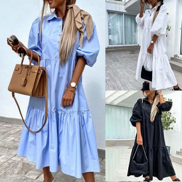 

urban dresses casual women shirt dress solid color large hem cotton blend half sleeve turn down collar streetwear for spring summer 230630, White;black