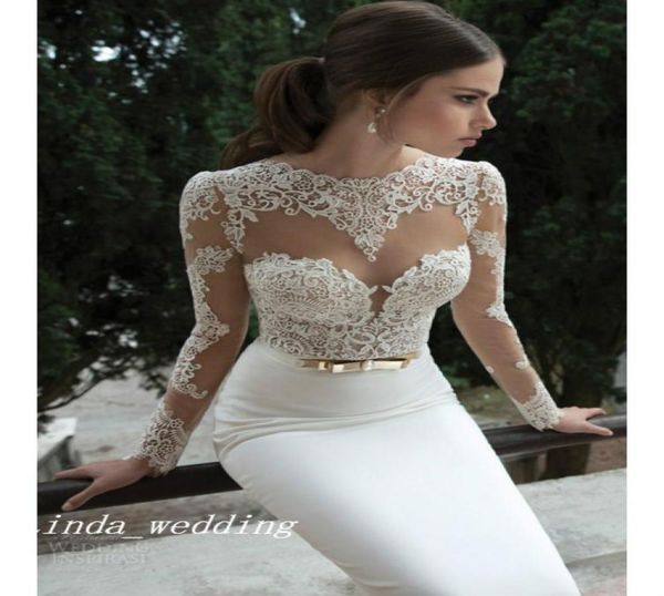 

trumpet mermaid long sleeves satin sweep brush train lace backless wedding dresses bridal gown3355242, White