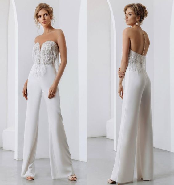 

2020 new bohemian wedding dresses lace jumpsuit beading tassel sweetheart bridal pants suit custom made beach vestidos de novia7876681, White