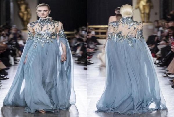 

elie saab 2019 evening dresses light blue sequined beads high neck prom gowns tulle long sleeve party dress7666859, Black;red